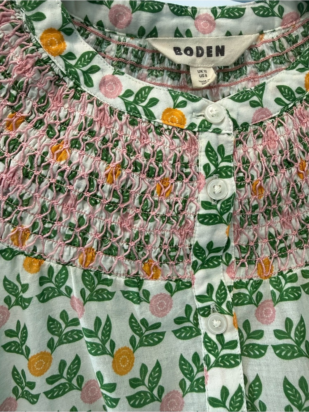 Boden Effie Smocked Split V-Neck Floral Top Long Sleeve Boho Green Pink Size 8 - Picture 6 of 14